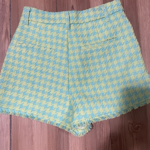 Zara High Waist Neon Green and Sky Blue Tweed Shorts - Picture 5 of 8